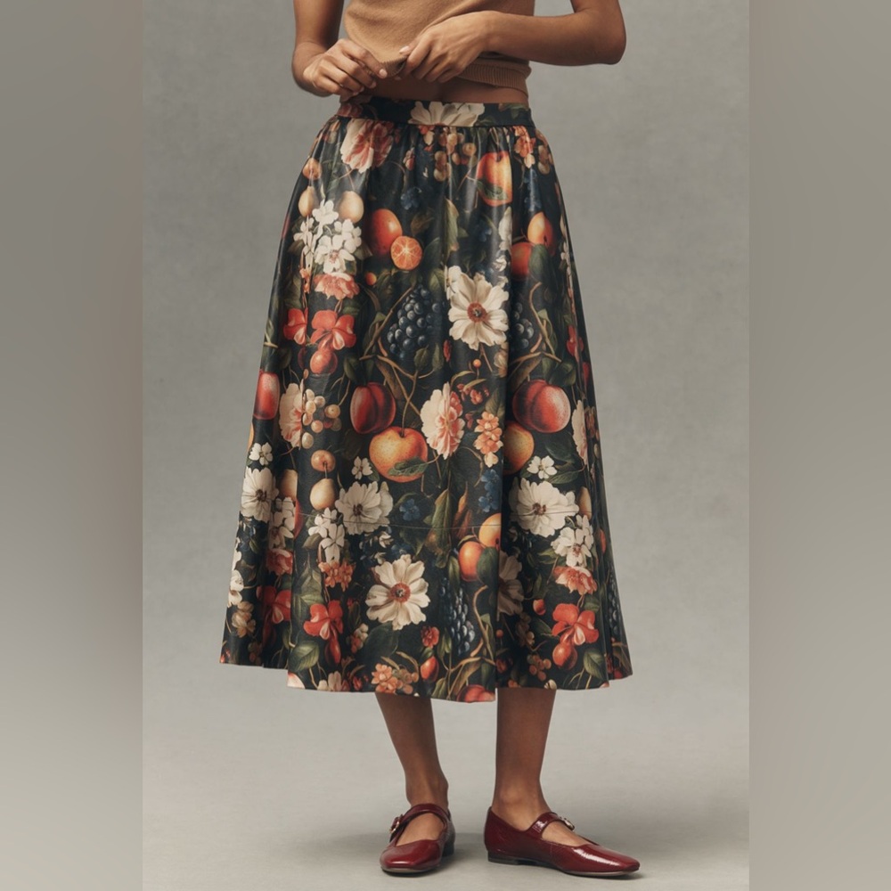 NWT! Anthropologie Multi Floral Jacie Faux Leather Midi Skirt by Maeve 👝🧁